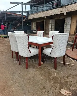Glossy White Dining Table Set – 6 Quilted Upholstered Chair