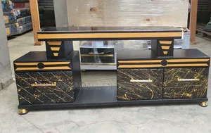Modern Executive Black Tv Stand With Marble Finish Ambient Lighting