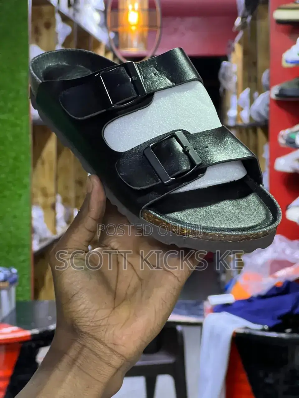 Buckle Leather Cork Sandals “Black”