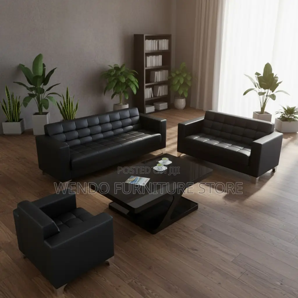 Office Sofa; Five Seaters Executive Black Leather Office Sofa Set