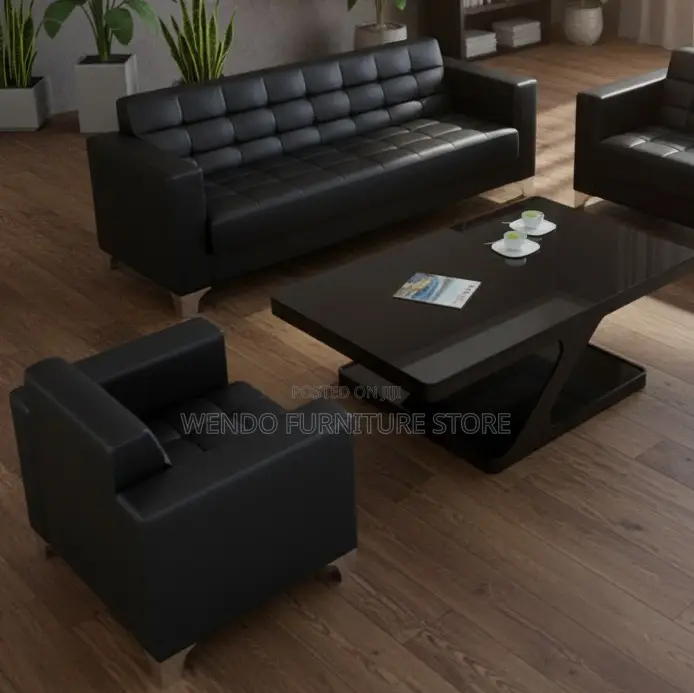 Office Sofa; Five Seaters Executive Black Leather Office Sofa Set