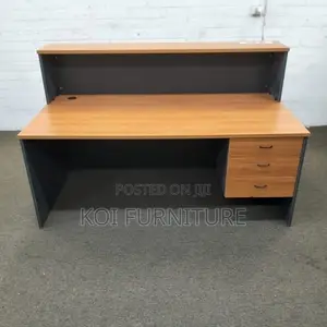 Office Desk : 2.4m Cherry Reception Desk With a Dark Grey Panel
