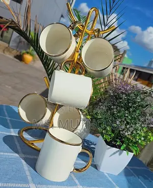 6 PCS Gold Rim White Ceramic Mugs*