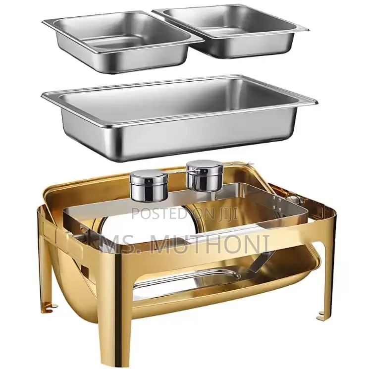 Heavy 9l Gold Double Rectangular Roll Top Chaffing Dish Glass Window