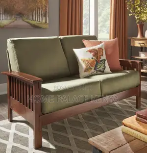 Home Sofa: 2 Seater Natural Teak Wood Fabric Sofa