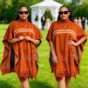 Free Size Burnt Orange Fabric Fringe Poncho