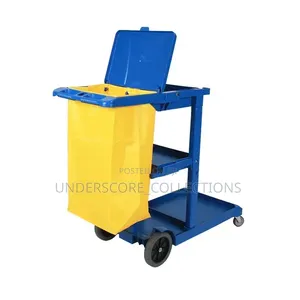 Blue Plastic Cleaning Janitor Cart With a Yellow Vinyl Bag