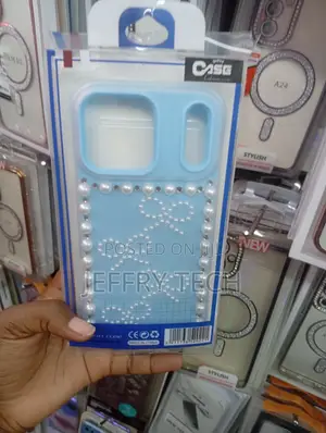 Blue Smartphone Case Shaped Pearl and Rhinestone Embellishments.