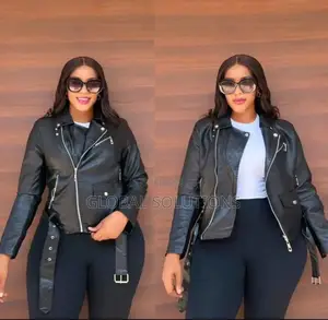 Faux Leather Moto Jacket With a Diagonal Zipper and a Belted Waist