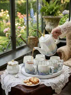 Pearlescent 8-Piece Fine Ceramic Tea Set Ft Rotating Tray