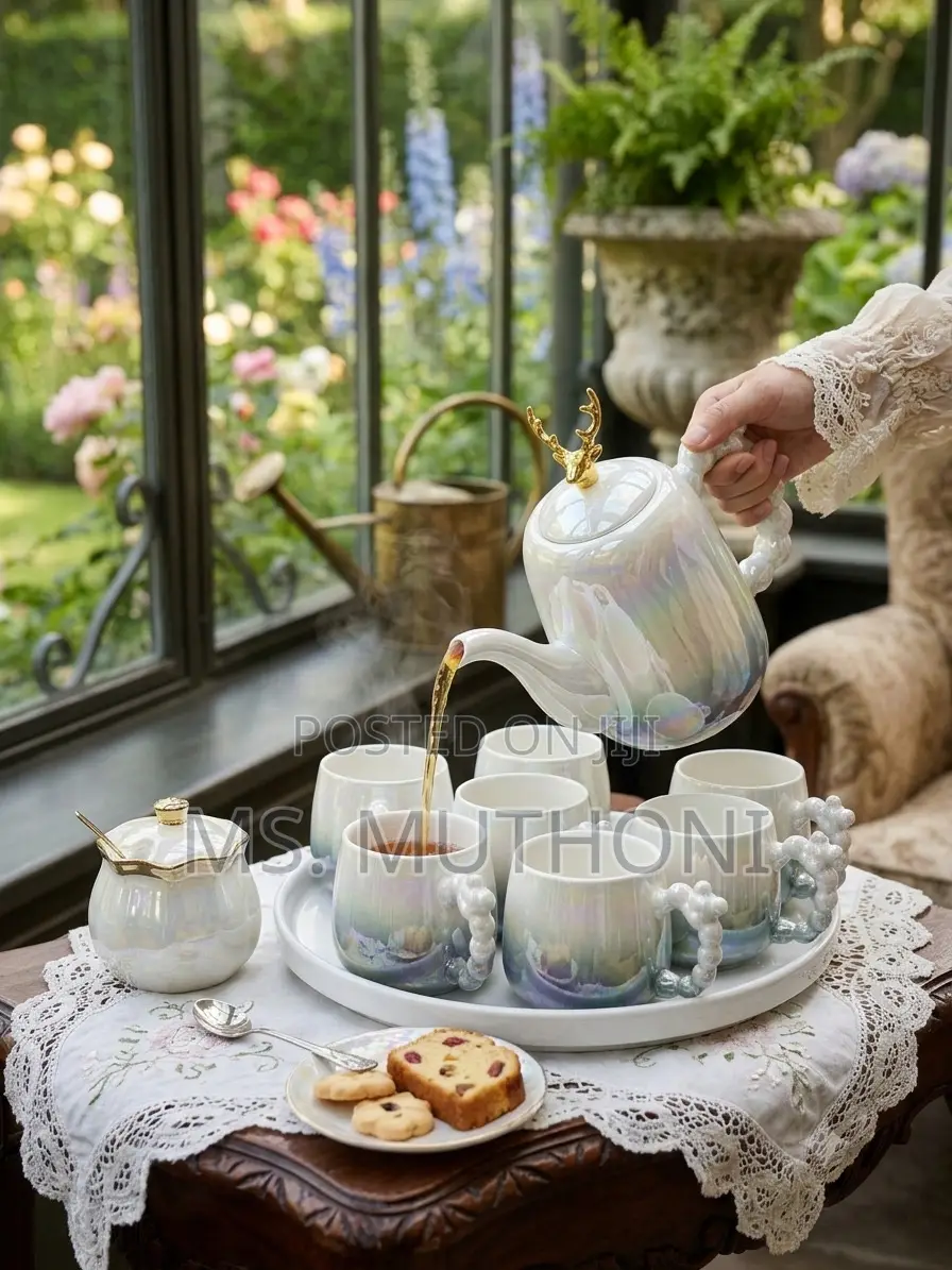 Pearlescent 8-Piece Fine Ceramic Tea Set Ft Rotating Tray