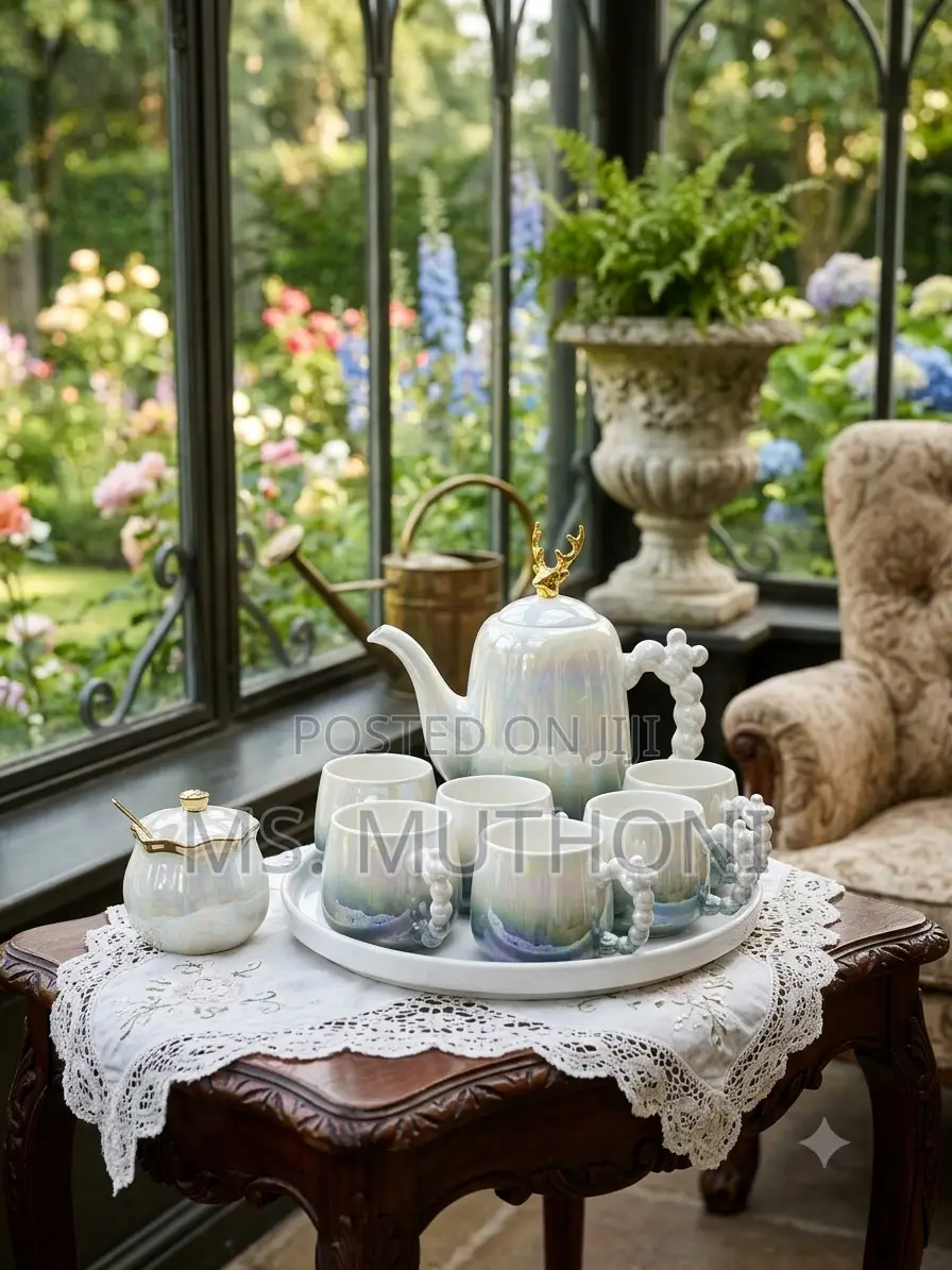 Pearlescent 8-Piece Fine Ceramic Tea Set Ft Rotating Tray