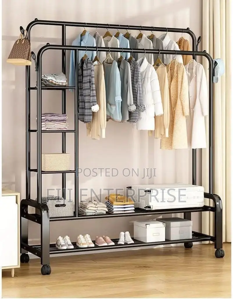Multifunctional Clothes Rack With Side Storage Shelves – | Wheels |