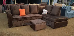 Brown L-Shaped Fabric Sofa (5-Seater) + Ottoman