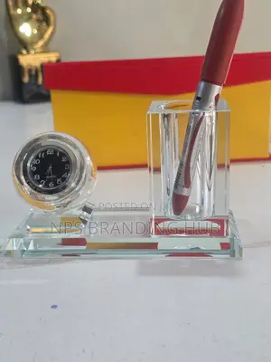 Crystal Glass Desktop Clock Pen Holder Set Tet