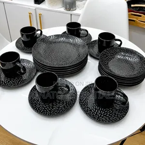 Ceramic Dinnerware Set 24pcs Matte Black Plates and Mugs Dinner Set