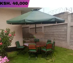 6 Chairs Wooden Metallic+Cushions+Tables + Parasol+Stand