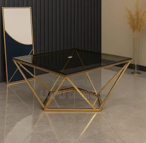 Geometric Gold-Framed Diamond Design Glass Coffee Table