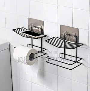 Adhesive Toilet Paper Holder With Phone Shelf Bathroom Rack