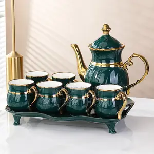 8 PCS Green and Gold Porcelain Tea Set W/ Prominent Gold-Plated Rims