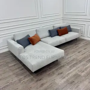 6 Seater Contemporary Light Gray L Seat Sofa.