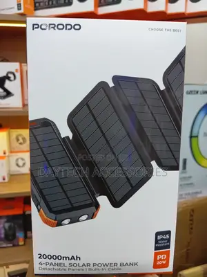 This Is a Porodo 20,000mah 4-Panel Solar Power Bank in Black.