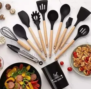 Generic 12-Piece Silicone Cooking Utensil Set With Wooden Handles