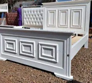 5by6 White Wooden Bed With Decorative Panels.