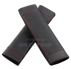 2pc Seat Belt Cover Black Carbon Fiber Leather With Red Stitching