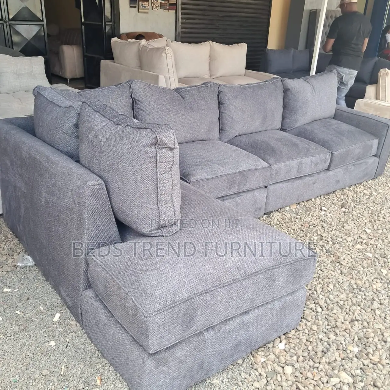 Gray 7 Seater L Shaped Sofa With Long Chaise.
