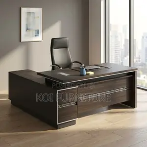 Office Desk : 1.8m Dark Brown Walnut MDF L-Shaped Executive Desk