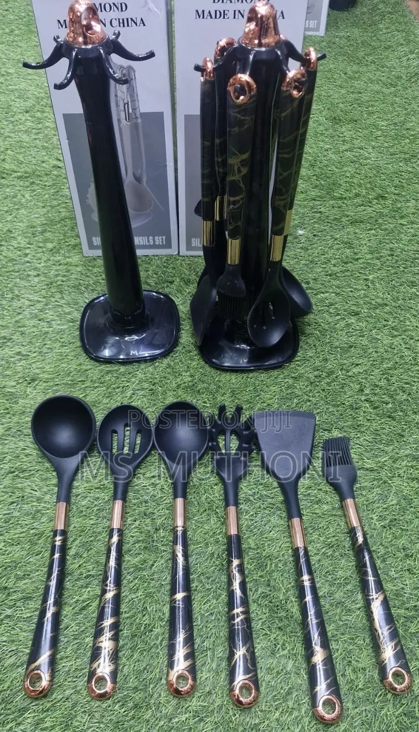 Black Marble 7pcs Food Grade Silicone Cutlery Set