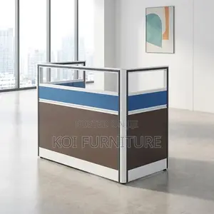 Office Desk : 1-Way Modern Workstation Featuring Blue Privacy Panels