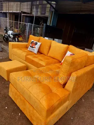 Mustard Yellow Sectional Sofa – Tufted Cushions Matching Ottoman