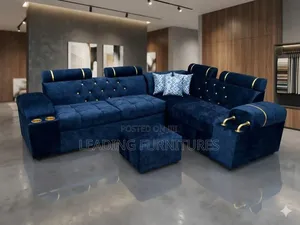 Dark Blue L Shape Seat With Gold Buttons +Cup Holder