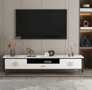 Tv Cabinet: Wooden Marble Top Console With Storage Cabinets and Drawer