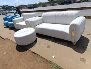 White 3+2 Sofa Set With Circular Ottoman