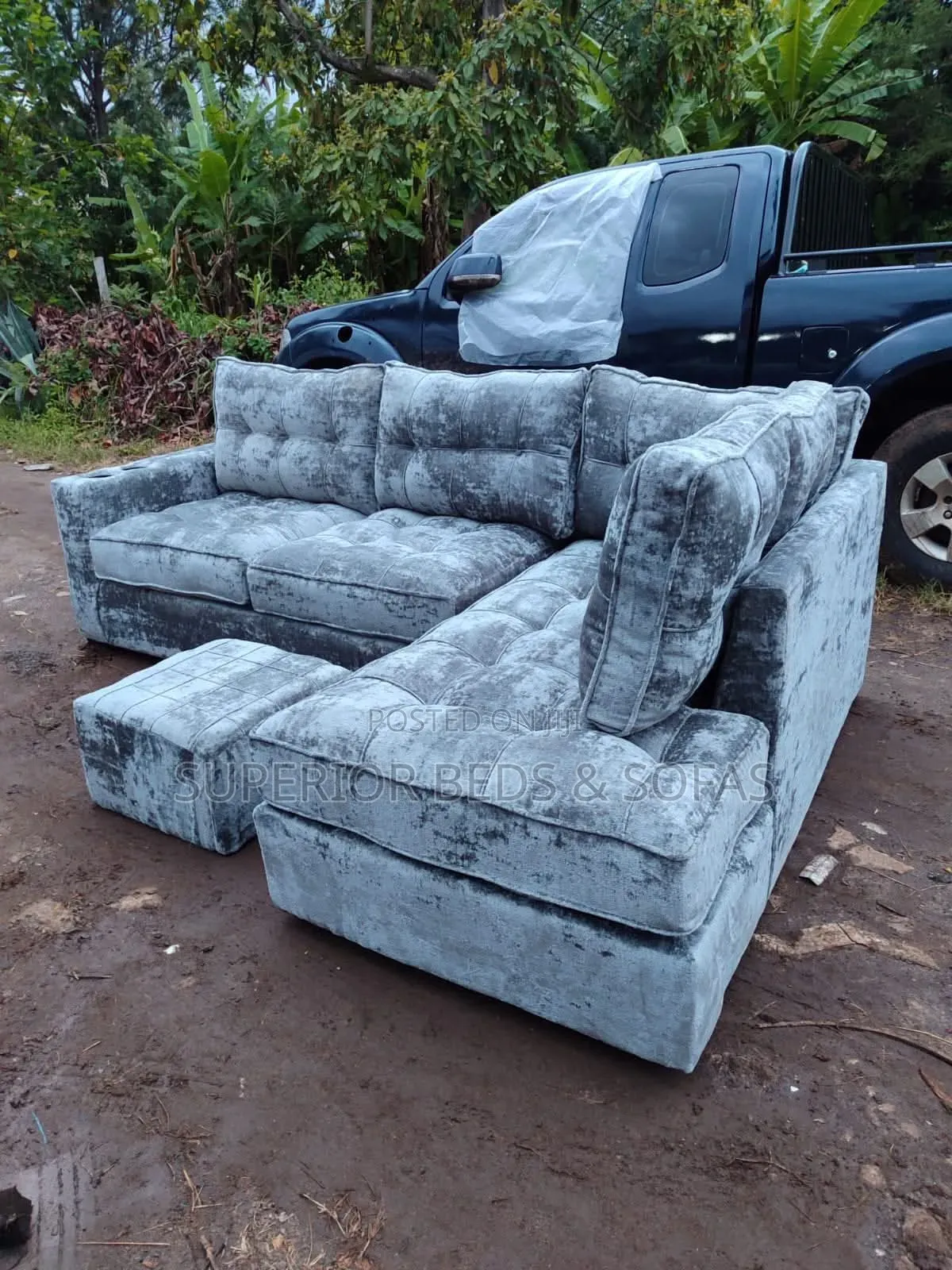 5-Seater Grey Velvet Corner Sofa Set + Ottoman