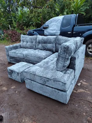 5-Seater Grey Velvet Corner Sofa Set + Ottoman