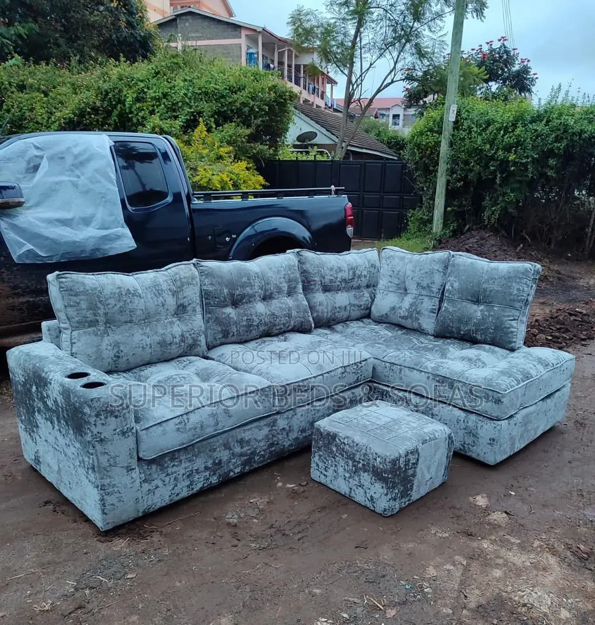 5-Seater Grey Velvet Corner Sofa Set + Ottoman
