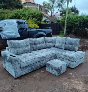 5-Seater Grey Velvet Corner Sofa Set + Ottoman