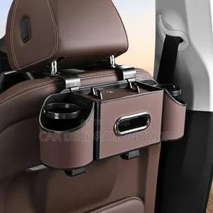 Brown Leather Backseat Organizer With Cupholder Tissue Box Dispenser