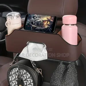 Brown Leather Organizer With Built in Cupholder, Tissue Dispenser