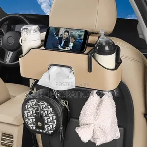 Beige Pu Leather Back Seat Organizer With Tissue Cupholder+ Bag Hook