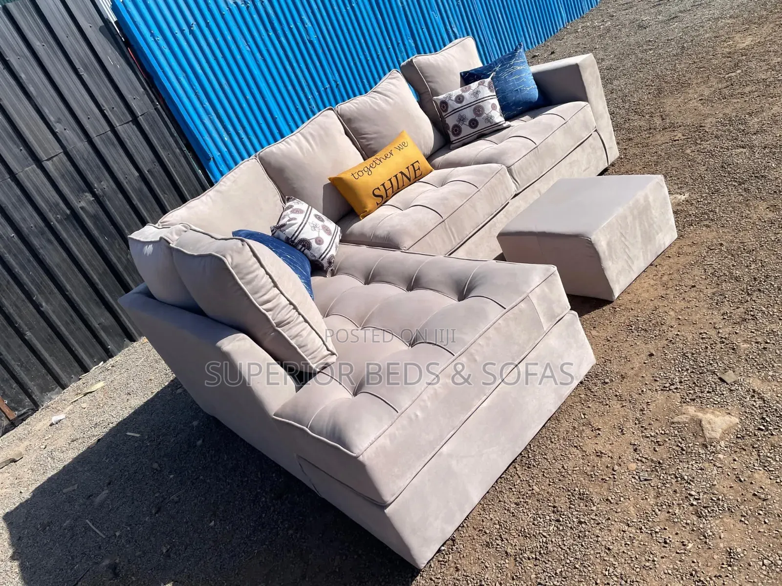 5-Seater: Cream Light Grey L-Shape Sofa + Ottoman+ Small Pillows