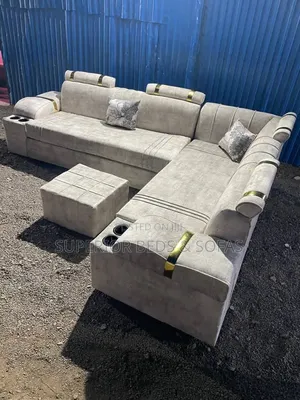 Cream L-Shape Sofa 6 Seater + Ottoman/Footrest