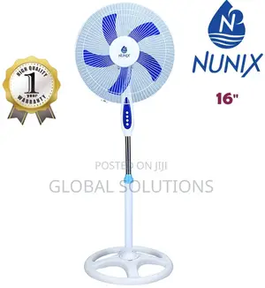 White and Blue 16-Inch Standing Fan Features Three Speed Settings