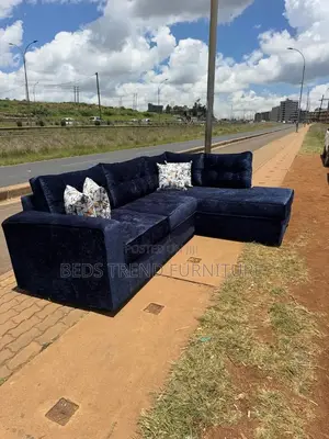 L Shaped Sofa in Dark Blue Velvet Fabric