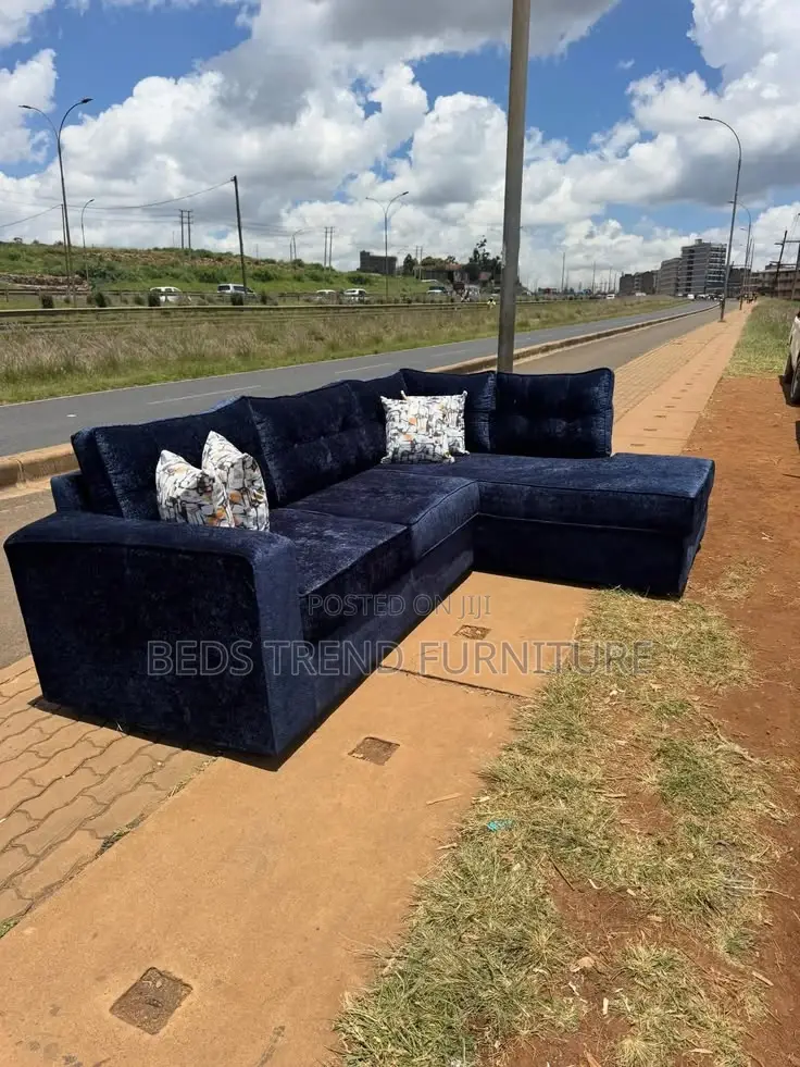 L Shaped Sofa in Dark Blue Velvet Fabric