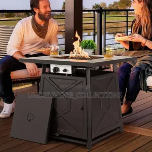 Propane Fire Pit Table With A Black Iron Frame And Ceramic Top.